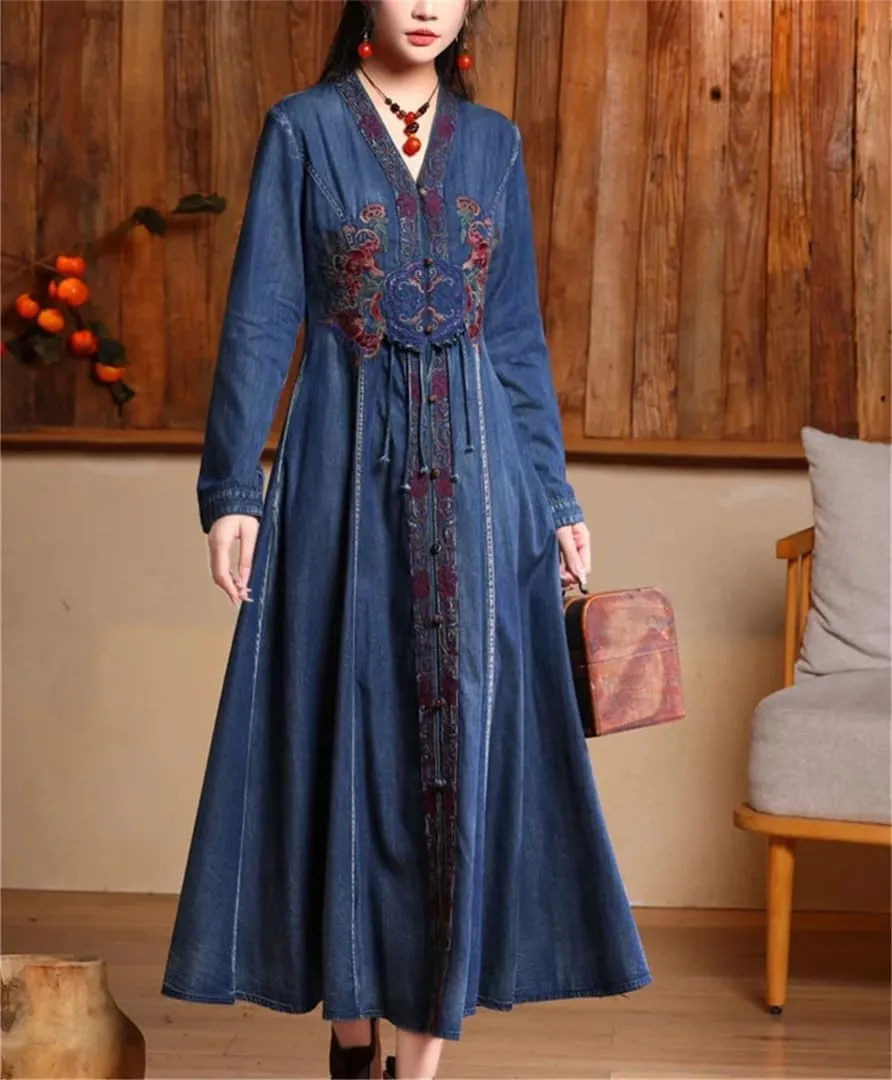 Womens Vneck Embroidered High Waisted A Line Jean Dress Chinesestyle Vintage Long Sleeve Denim Maxi Dress