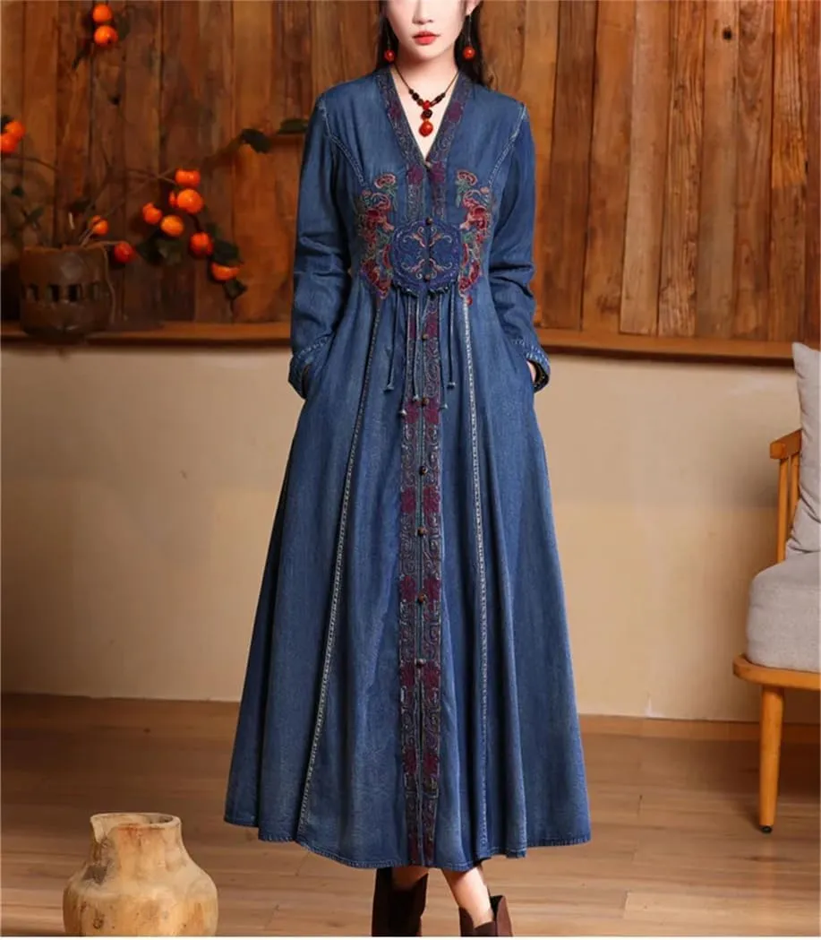 Womens Vneck Embroidered High Waisted A Line Jean Dress Chinesestyle Vintage Long Sleeve Denim Maxi Dress