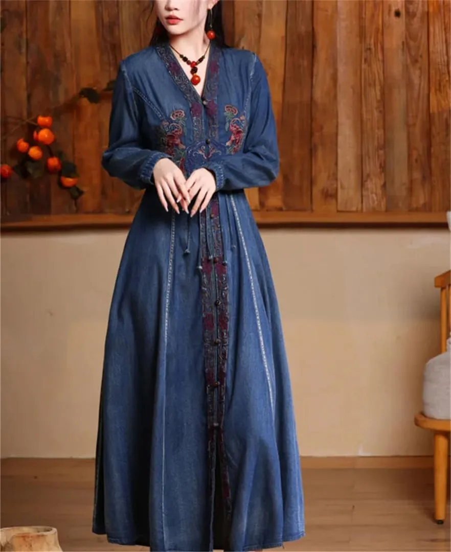 Womens Vneck Embroidered High Waisted A Line Jean Dress Chinesestyle Vintage Long Sleeve Denim Maxi Dress