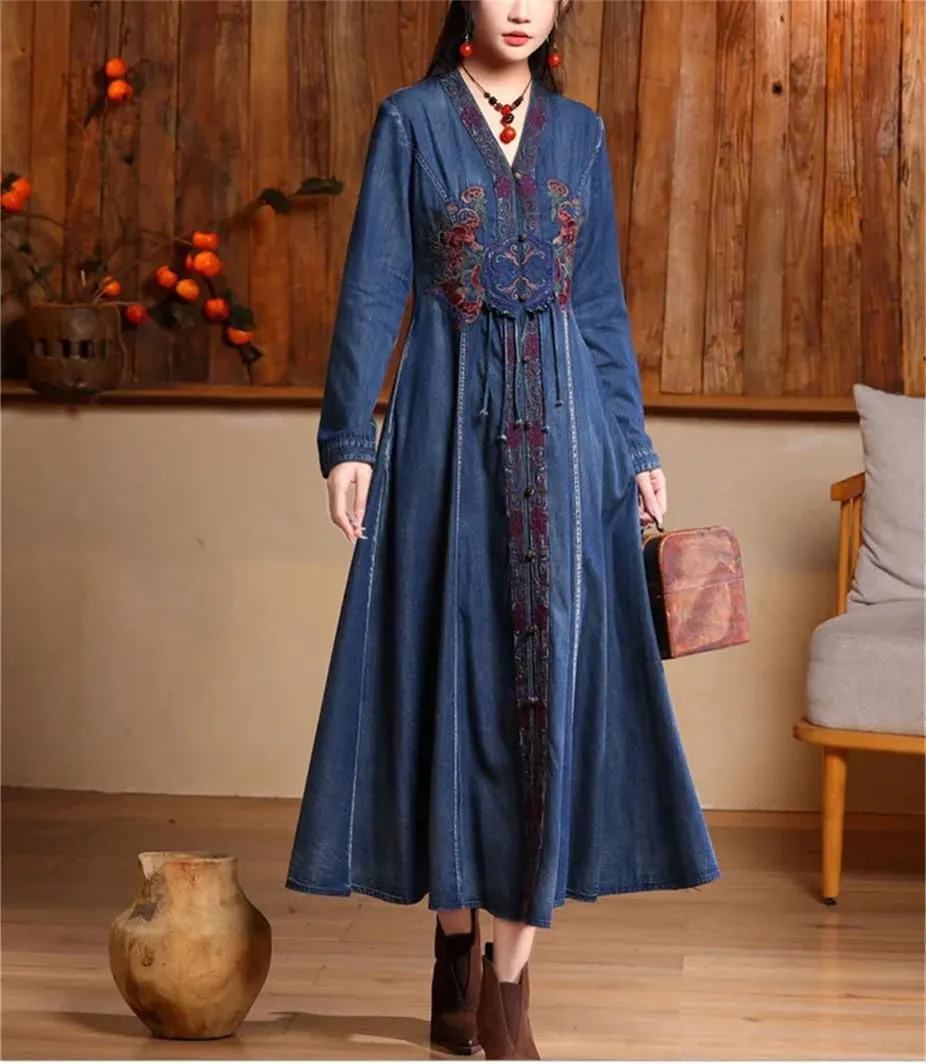 Womens Vneck Embroidered High Waisted A Line Jean Dress Chinesestyle Vintage Long Sleeve Denim Maxi Dress