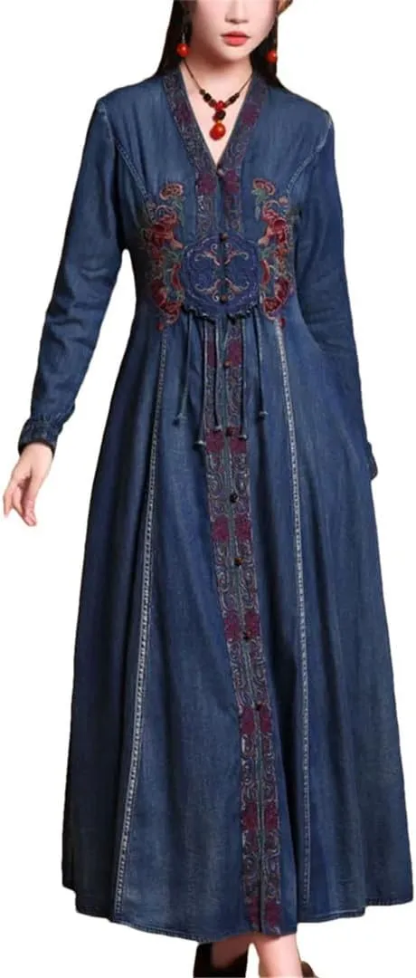 Womens Vneck Embroidered High Waisted A Line Jean Dress Chinesestyle Vintage Long Sleeve Denim Maxi Dress