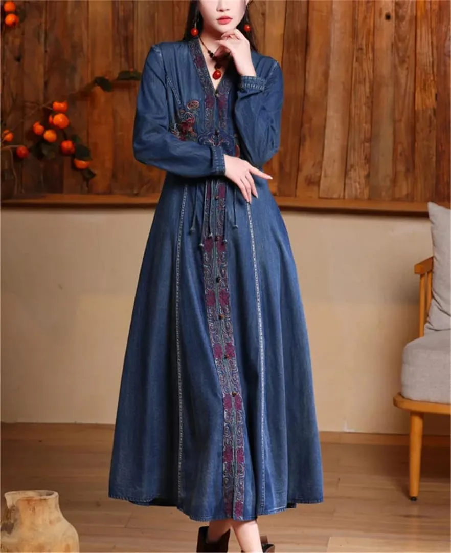 Womens Vneck Embroidered High Waisted A Line Jean Dress Chinesestyle Vintage Long Sleeve Denim Maxi Dress