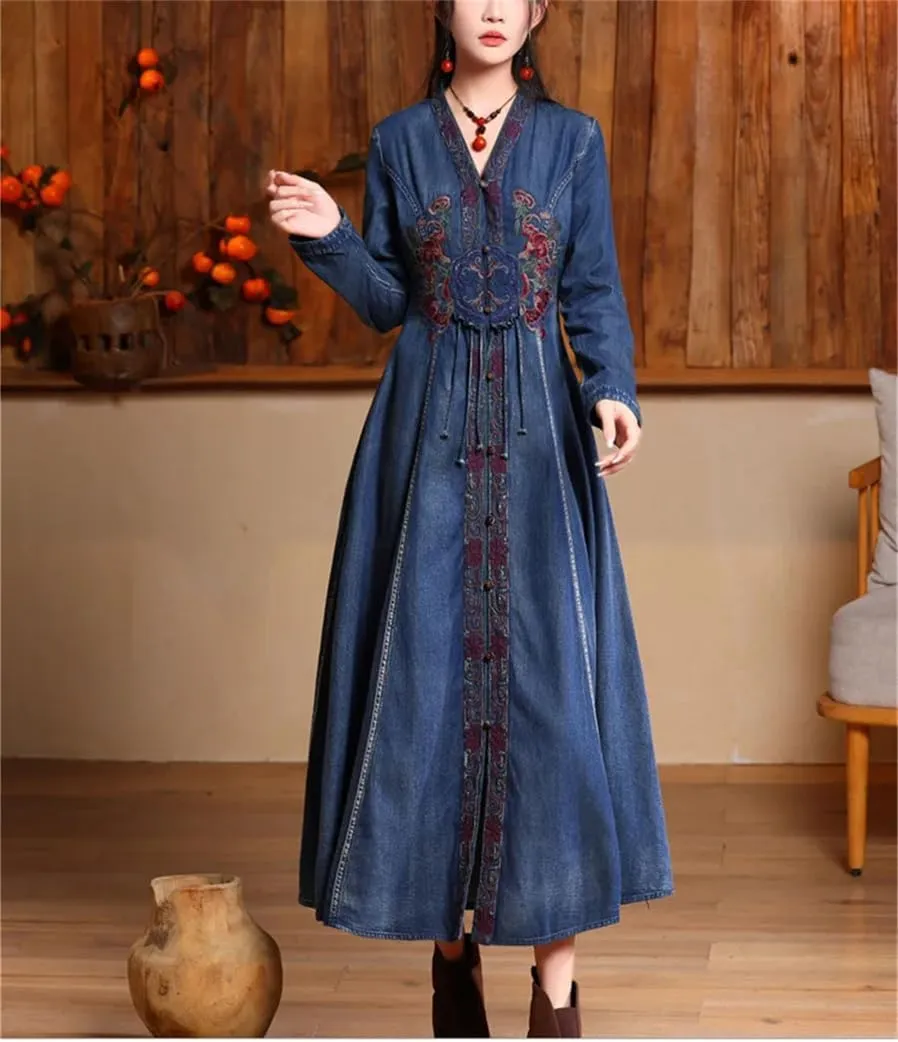Womens Vneck Embroidered High Waisted A Line Jean Dress Chinesestyle Vintage Long Sleeve Denim Maxi Dress