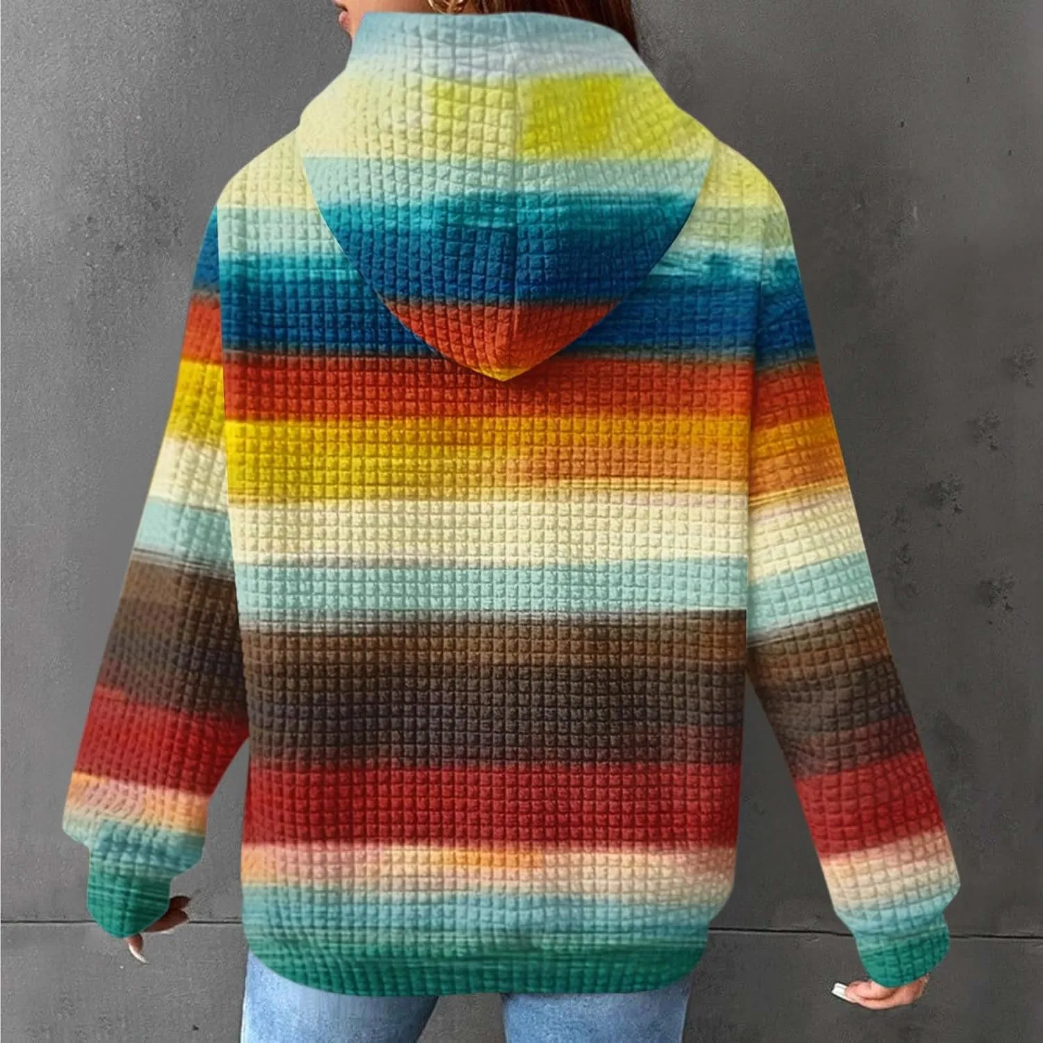 Womens Waffle Knit Hoodie Oversized Fashion Multicolored Sweatshirt Casual Drawstring Pullover Tops with Pockets