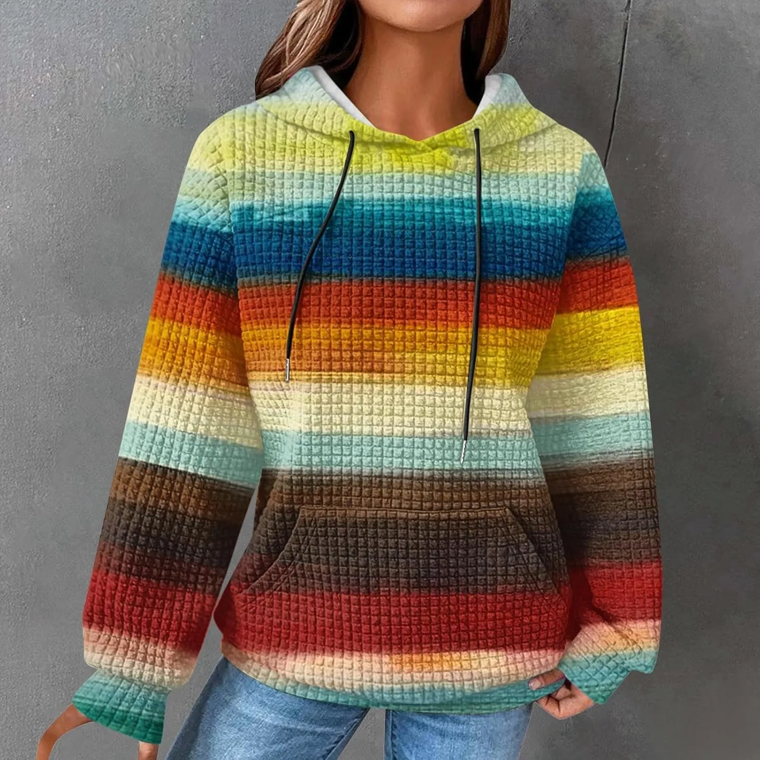 Womens Waffle Knit Hoodie Oversized Fashion Multicolored Sweatshirt Casual Drawstring Pullover Tops with Pockets