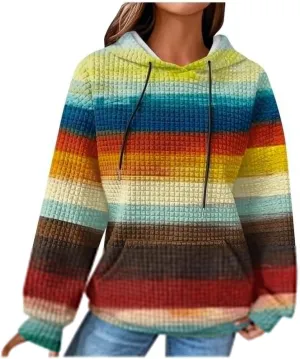 Womens Waffle Knit Hoodie Oversized Fashion Multicolored Sweatshirt Casual Drawstring Pullover Tops with Pockets