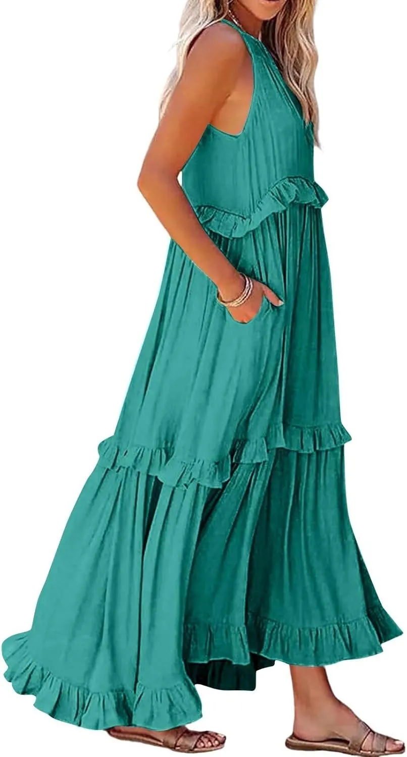 Womens Weddings Sleeveless Fashion Dresses Maxi Casual Loose Ruffled Sleeve Elegant Summer Hem Comfortable Soft Dress