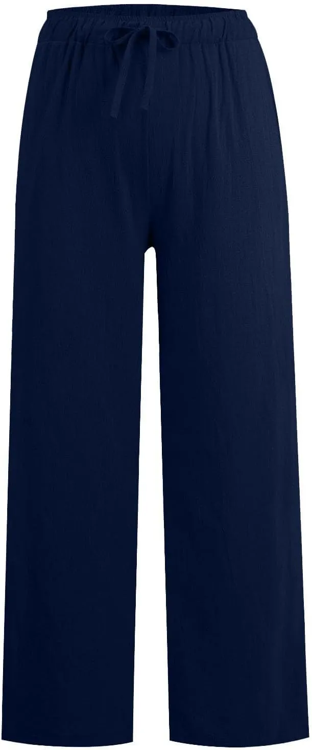 Womens Wide Leg Linen Pants Elastic Waist Drawstring 2025 Baggy Solid Loose Fit Trousers with Pockets