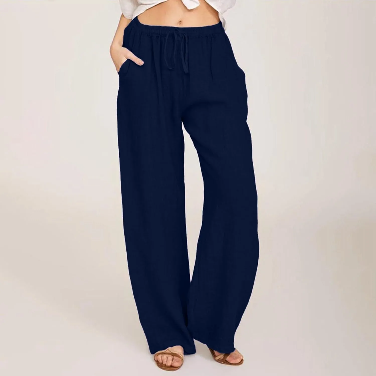 Womens Wide Leg Linen Pants Elastic Waist Drawstring 2025 Baggy Solid Loose Fit Trousers with Pockets
