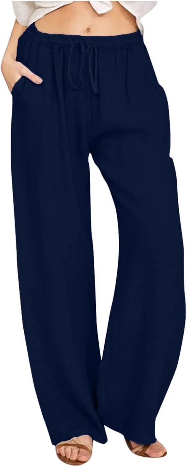Womens Wide Leg Linen Pants Elastic Waist Drawstring 2025 Baggy Solid Loose Fit Trousers with Pockets
