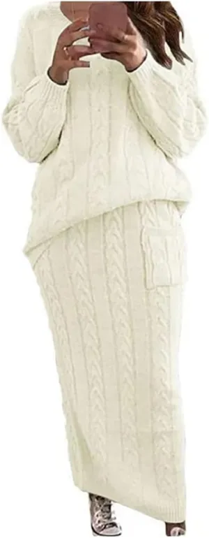 Women's Winter Chunky Cable Knit Long Skirt 2 Piece Outfit Sweater Sets Casual Comfy Slim Sweater Outfits