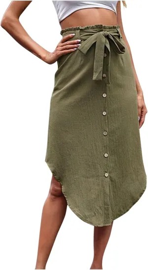 Xiaojmake Women's Pleated Midi Skirt Ruched High Waisted Paperbag Waist Tie Front A-Line Skirt Button Down Slit Beach Skirts