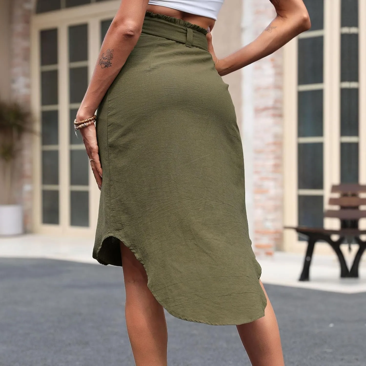 Xiaojmake Women's Pleated Midi Skirt Ruched High Waisted Paperbag Waist Tie Front A-Line Skirt Button Down Slit Beach Skirts