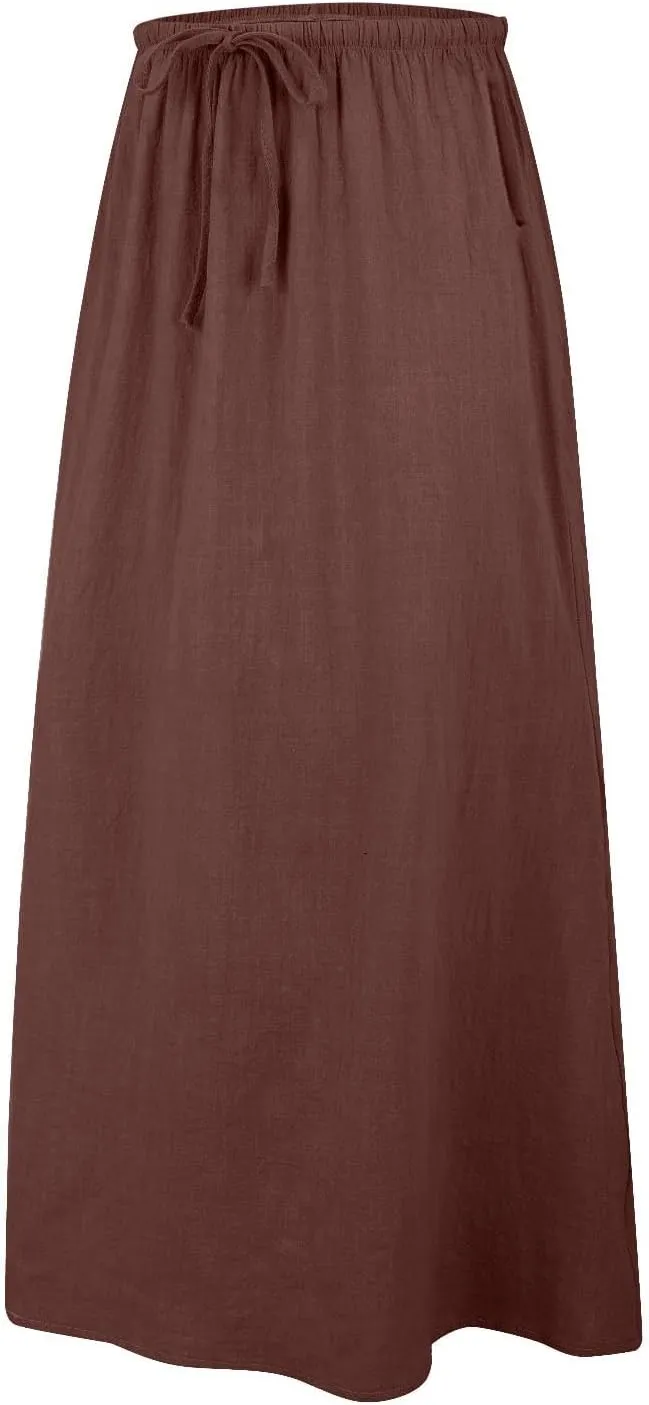 XOWRTE Linen Maxi Skirts for Women Trendy Summer Comfy Drawstring Waist A Line Skirts Cute Vacation Boho Long Flowy Skirts