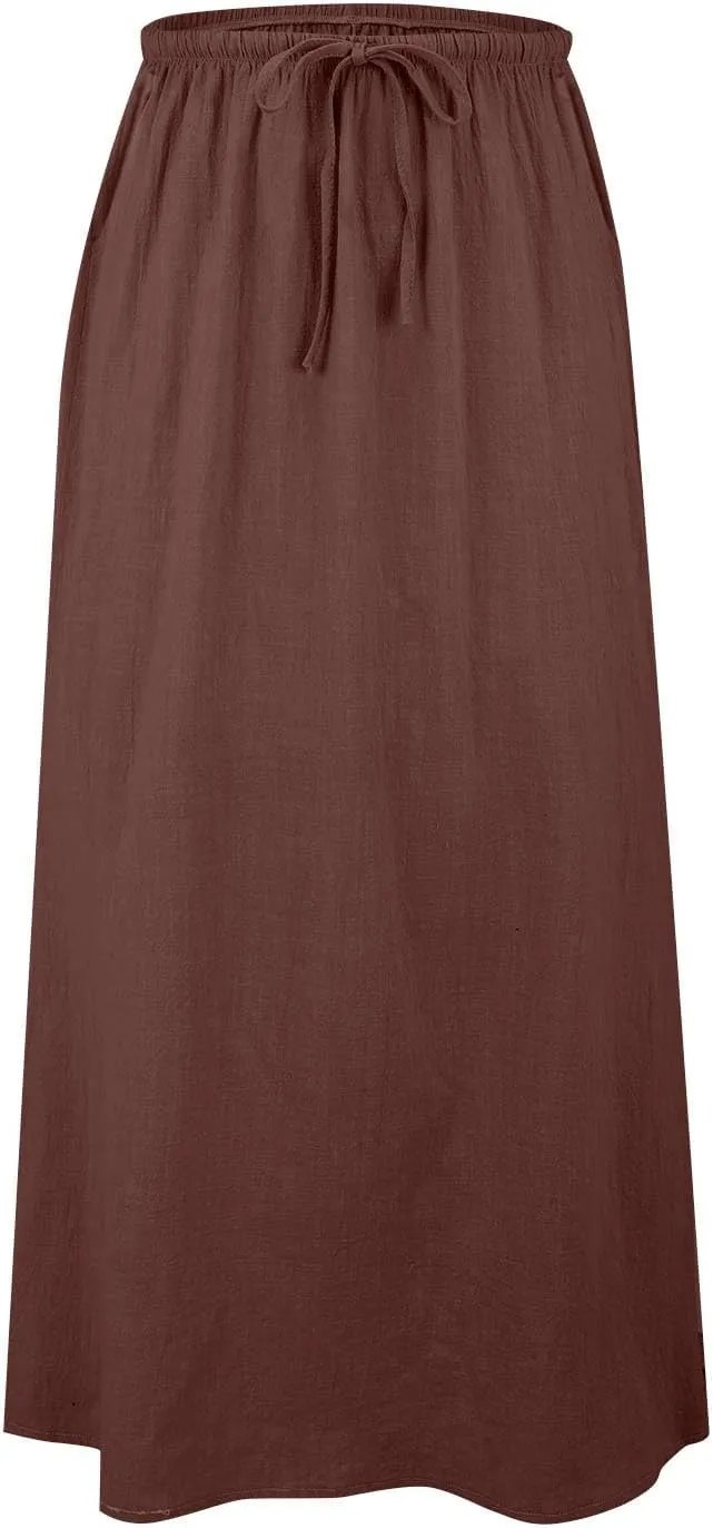 XOWRTE Linen Maxi Skirts for Women Trendy Summer Comfy Drawstring Waist A Line Skirts Cute Vacation Boho Long Flowy Skirts