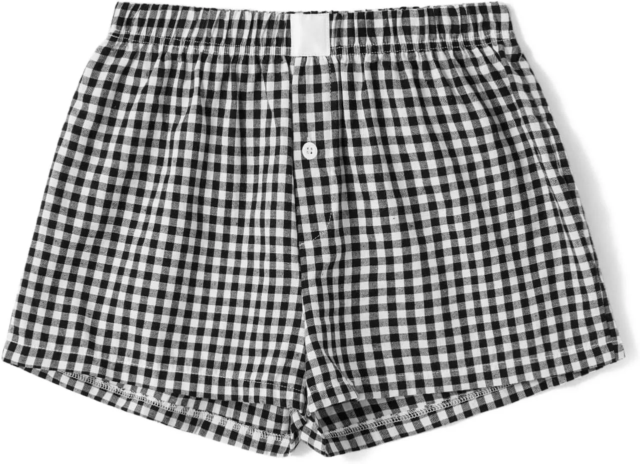 Y2k Boxer Shorts for Women Striped Checkered Pajama Shorts Button Plaid Gingham Sleep Pj Shorts Cute Lounge Shorts