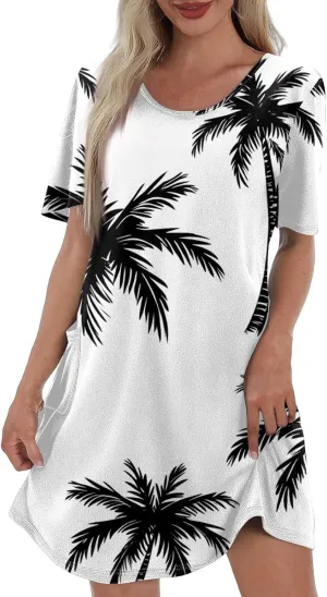 Yesunpxs Summer Dresses for Women 2025 Trendy Print Short Sleeve Sundress Beach Vacation Round Neck Dress Casual Dresses