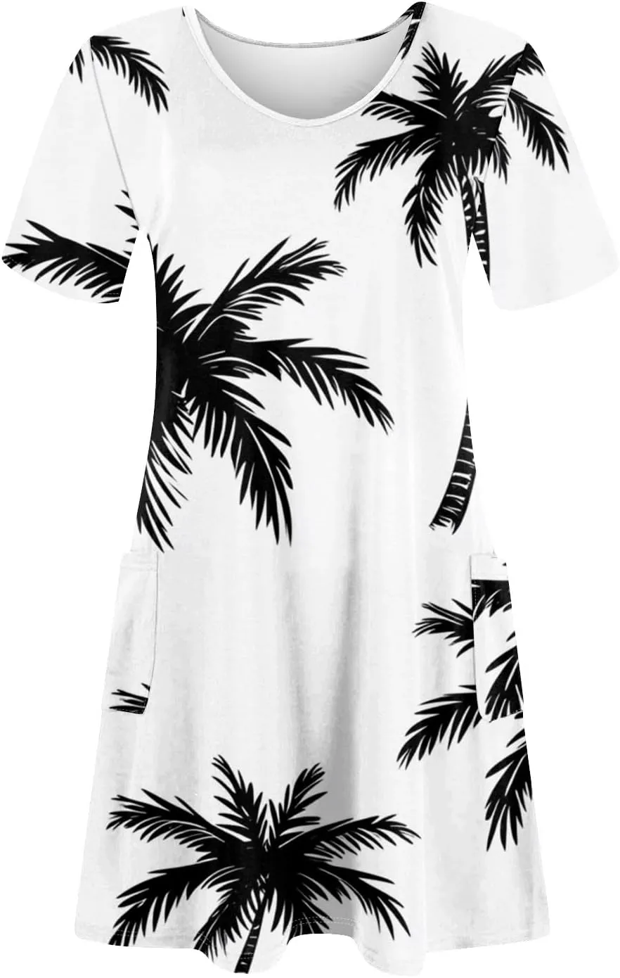 Yesunpxs Summer Dresses for Women 2025 Trendy Print Short Sleeve Sundress Beach Vacation Round Neck Dress Casual Dresses