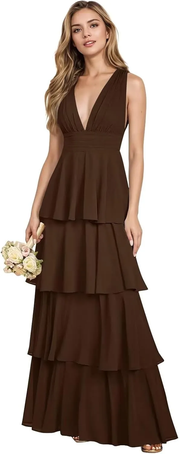 yinyyinhs V Neck Chiffon Bridesmaid Dresses for Women 2025 Long Tiered A-Line Ruffles Formal Evening Party Dress