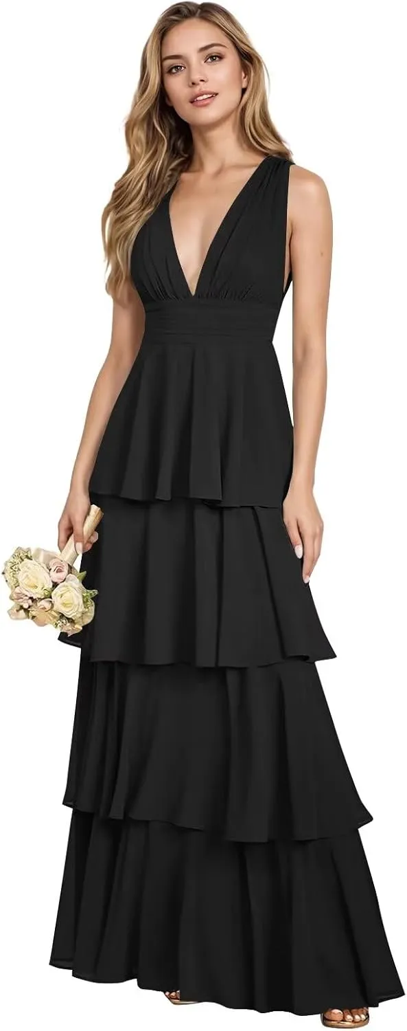 yinyyinhs V Neck Chiffon Bridesmaid Dresses for Women 2025 Long Tiered A-Line Ruffles Formal Evening Party Dress