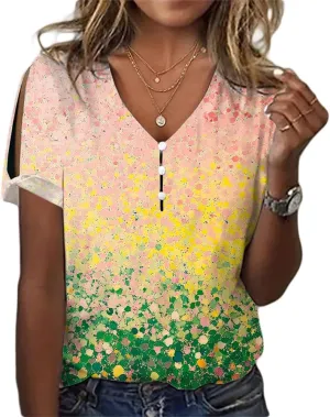 ZOCANIA Boho Tops for Women 2025 Ladies Short Sleeve Tops Summer Blouses Dressy Casual V Neck Cold Shoulder Tunic Shirts