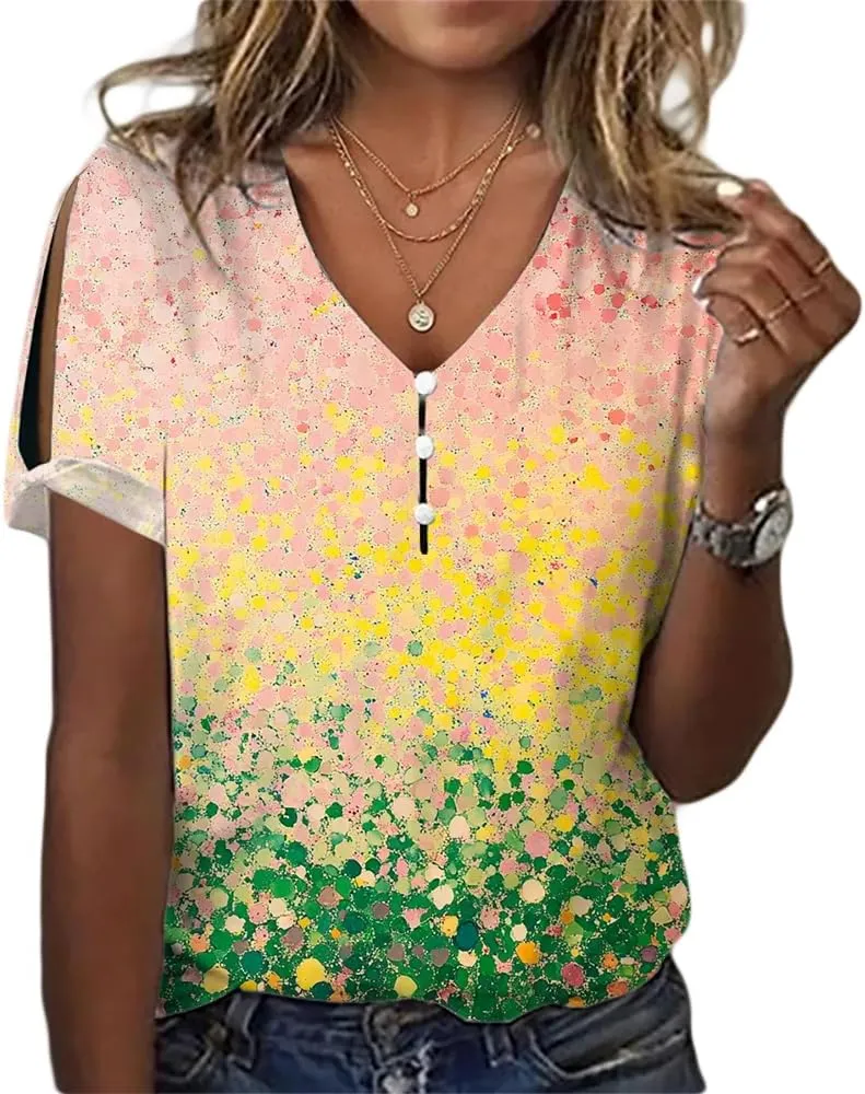 ZOCANIA Boho Tops for Women 2025 Ladies Short Sleeve Tops Summer Blouses Dressy Casual V Neck Cold Shoulder Tunic Shirts