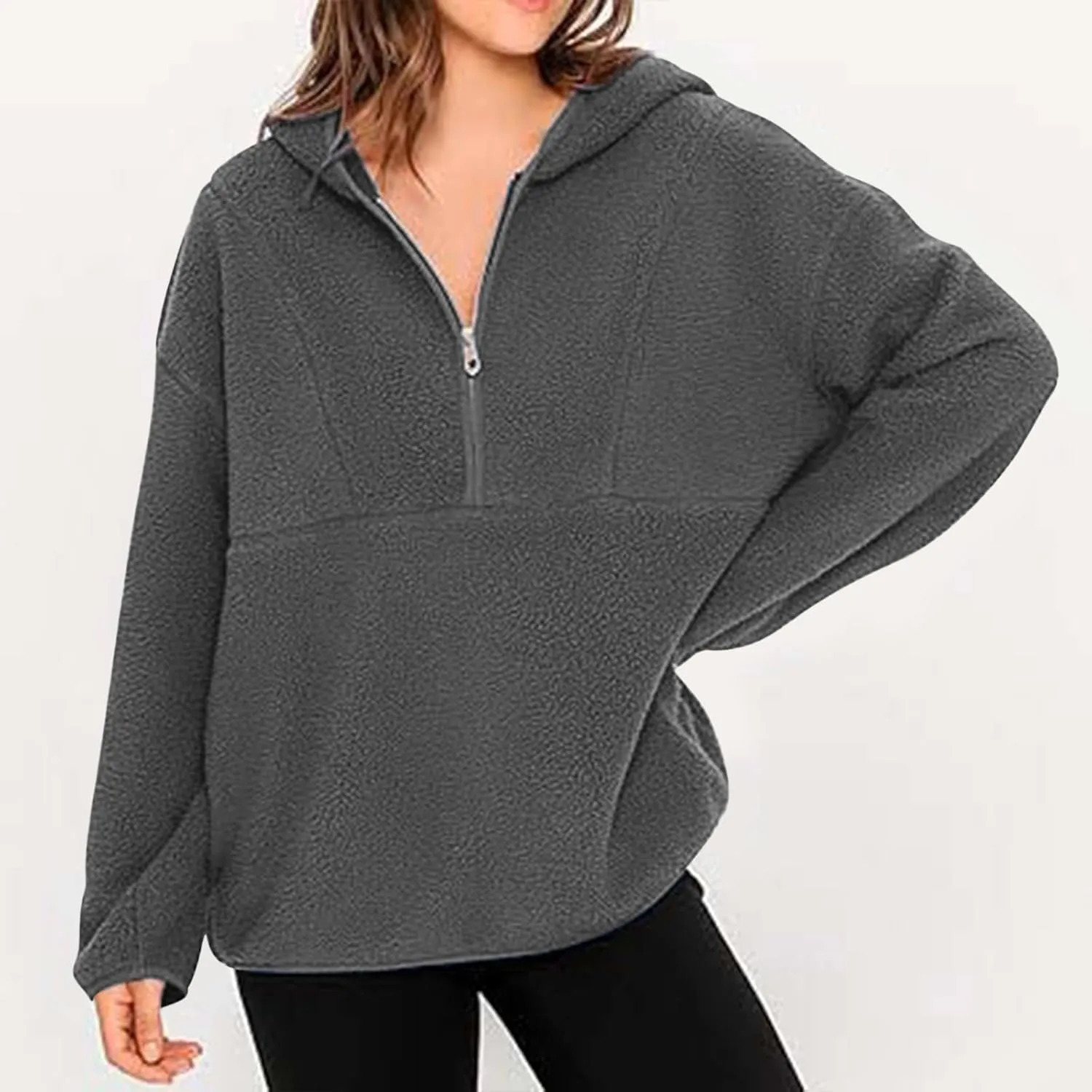 ZWRXW Women's Oversized Sherpa Hoodies Half Zip Fuzzy Fleece Sweatshirts Casual Solid Pullover Tops Fall Outfits with Pocket