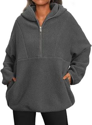ZWRXW Women's Oversized Sherpa Hoodies Half Zip Fuzzy Fleece Sweatshirts Casual Solid Pullover Tops Fall Outfits with Pocket