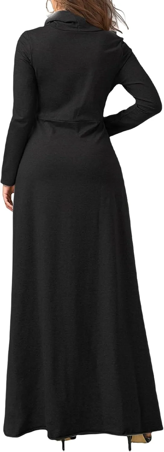 ZWRXW Womens Turtleneck Maxi Dress Casual Long Sleeve Fall Winter Elegant Solid Plus Size Swing Long Dresses with Pocket