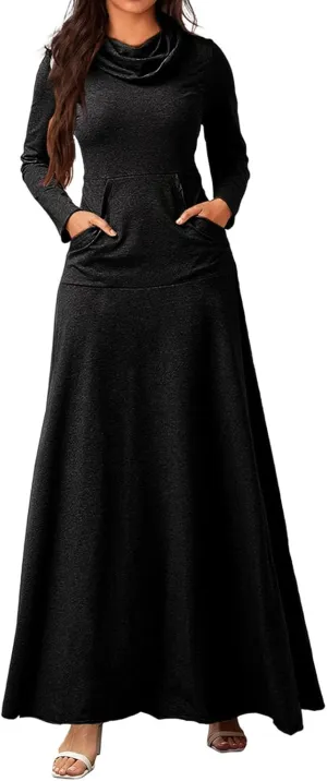 ZWRXW Womens Turtleneck Maxi Dress Casual Long Sleeve Fall Winter Elegant Solid Plus Size Swing Long Dresses with Pocket