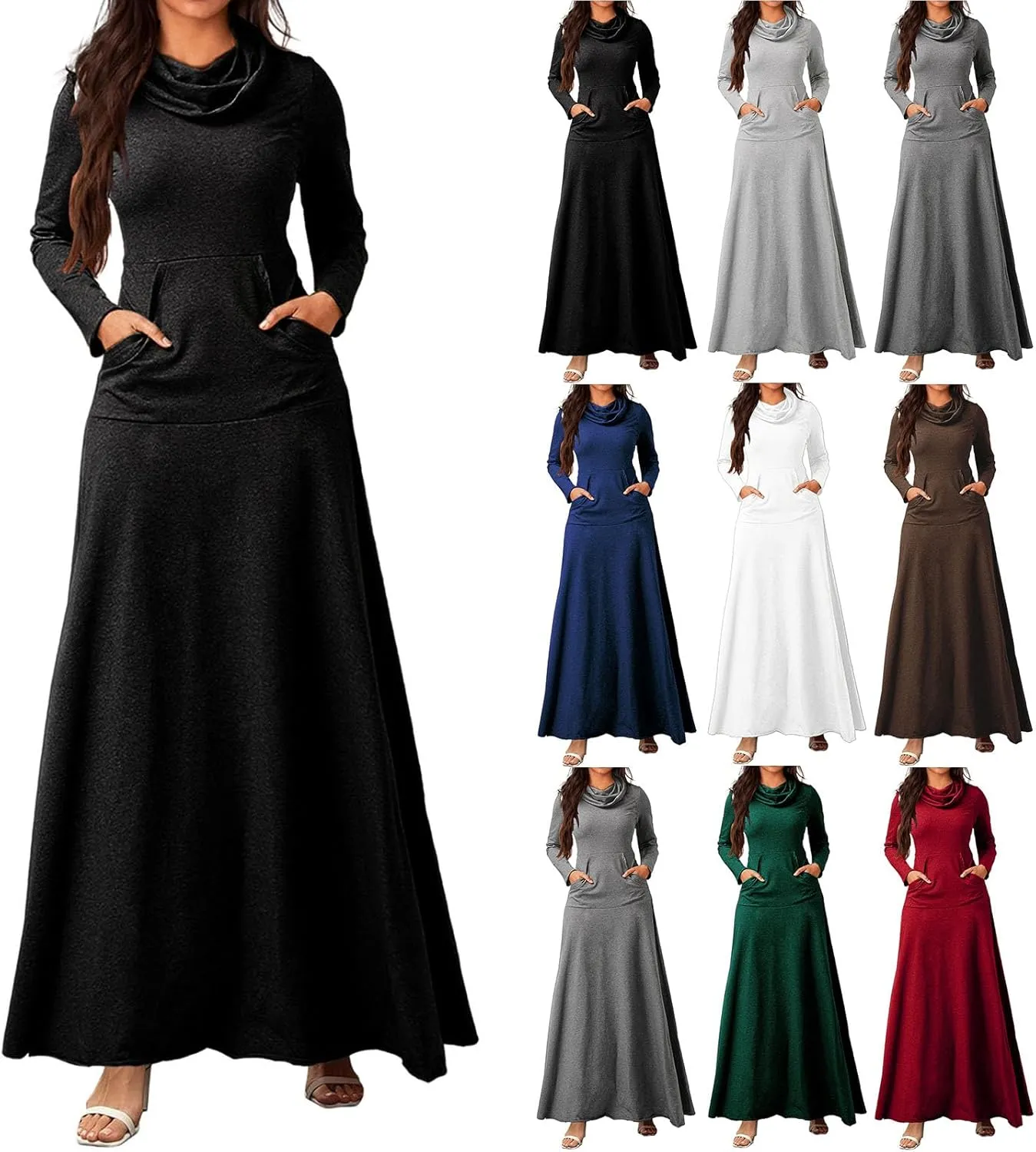 ZWRXW Womens Turtleneck Maxi Dress Casual Long Sleeve Fall Winter Elegant Solid Plus Size Swing Long Dresses with Pocket