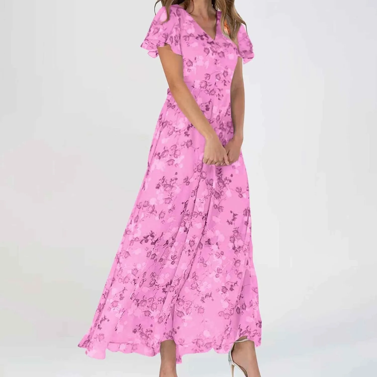 ZYXTIM Women's Summer Floral Boho Dresses Wrap V Neck Short Sleeve Ruffle A-Line Maxi Flowy Dress Pleated Hem Bohemian Outfit