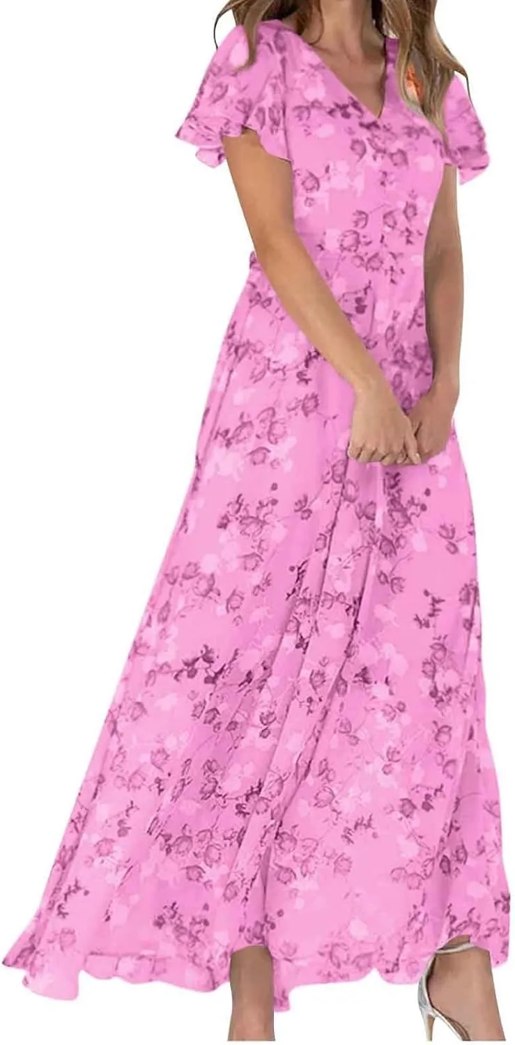 ZYXTIM Women's Summer Floral Boho Dresses Wrap V Neck Short Sleeve Ruffle A-Line Maxi Flowy Dress Pleated Hem Bohemian Outfit