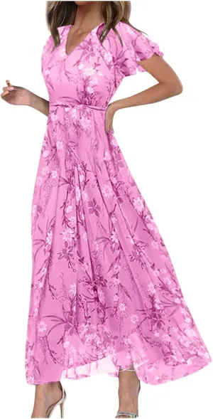 ZYXTIM Women's Summer Floral Boho Dresses Wrap V Neck Short Sleeve Ruffle A-Line Maxi Flowy Dress Pleated Hem Bohemian Outfit