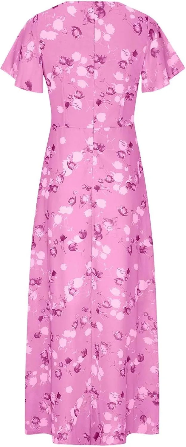 ZYXTIM Women's Summer Floral Boho Dresses Wrap V Neck Short Sleeve Ruffle A-Line Maxi Flowy Dress Pleated Hem Bohemian Outfit