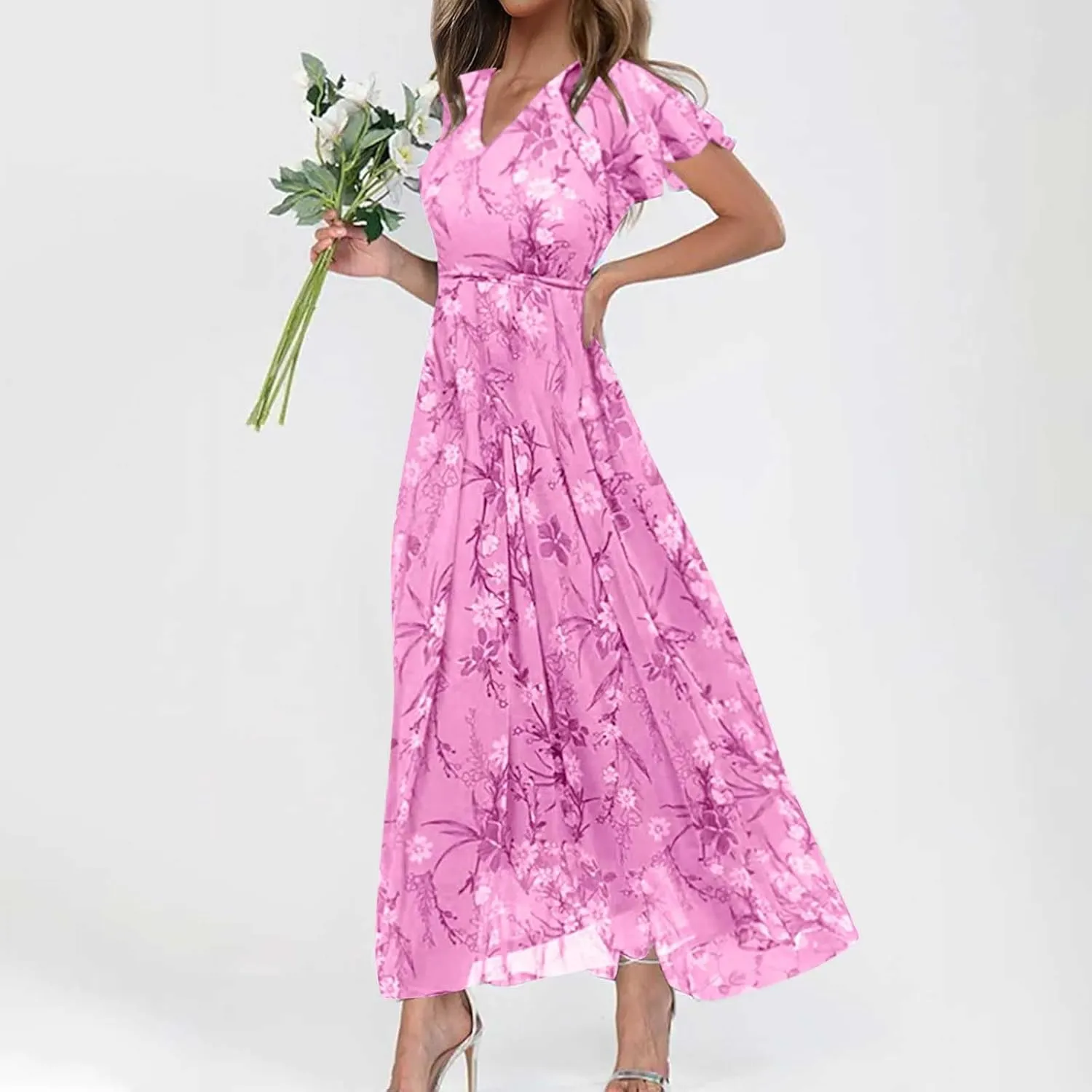 ZYXTIM Women's Summer Floral Boho Dresses Wrap V Neck Short Sleeve Ruffle A-Line Maxi Flowy Dress Pleated Hem Bohemian Outfit