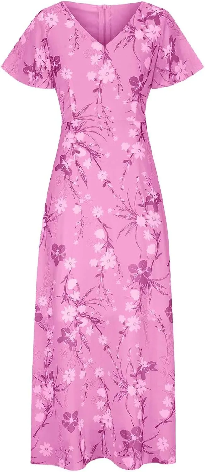 ZYXTIM Women's Summer Floral Boho Dresses Wrap V Neck Short Sleeve Ruffle A-Line Maxi Flowy Dress Pleated Hem Bohemian Outfit